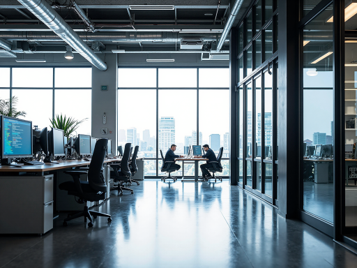 Modern office interior with spacious bright workspace, employees working focusedly at their desks, showcasing professional business environment